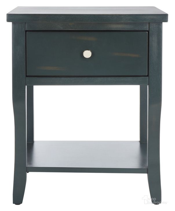 The appearance of Coby Steel Teal End Table with Storage Drawer designed by Safavieh in the traditional interior design. This dark teal piece of furniture  was selected by 1StopBedrooms from Coby Collection to add a touch of cosiness and style into your home. Sku: AMH6616B. Material: Wood. Product Type: Nightstand. Image1