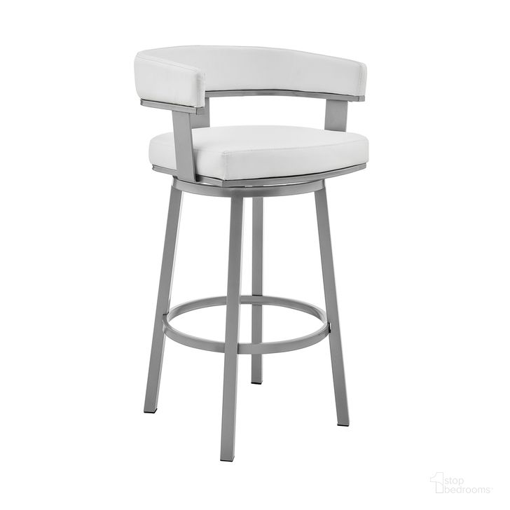 The appearance of Cohen 26 Inch Counter Height Swivel Bar Stool In Silver Finish with White Faux Leather designed by Armen Living in the modern / contemporary interior design. This white piece of furniture  was selected by 1StopBedrooms from Cohen Collection to add a touch of cosiness and style into your home. Sku: 721535761982. Product Type: Barstool. Material: Stainless Steel. Image1