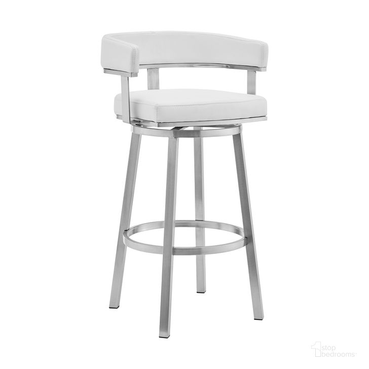 The appearance of Cohen 26 Inch White Faux Leather and Brushed Stainless Steel Swivel Bar Stool designed by Armen Living in the modern / contemporary interior design. This white faux leather piece of furniture  was selected by 1StopBedrooms from Cohen Collection to add a touch of cosiness and style into your home. Sku: 721535762187. Product Type: Barstool. Material: Stainless Steel. Image1