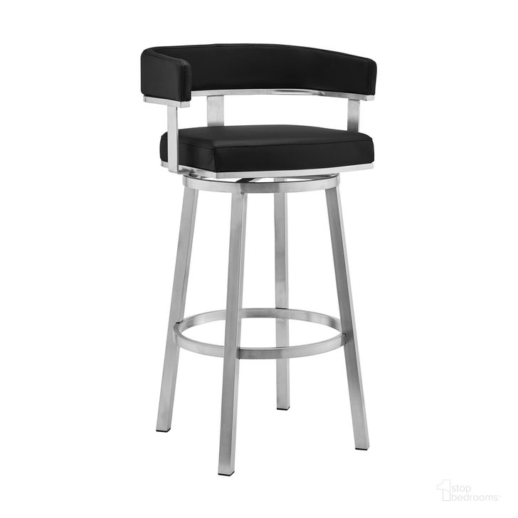 The appearance of Cohen 30 Inch Black Faux Leather and Brushed Stainless Steel Swivel Bar Stool designed by Armen Living in the modern / contemporary interior design. This black piece of furniture  was selected by 1StopBedrooms from Cohen Collection to add a touch of cosiness and style into your home. Sku: 721535762156. Product Type: Barstool. Material: Stainless Steel. Image1