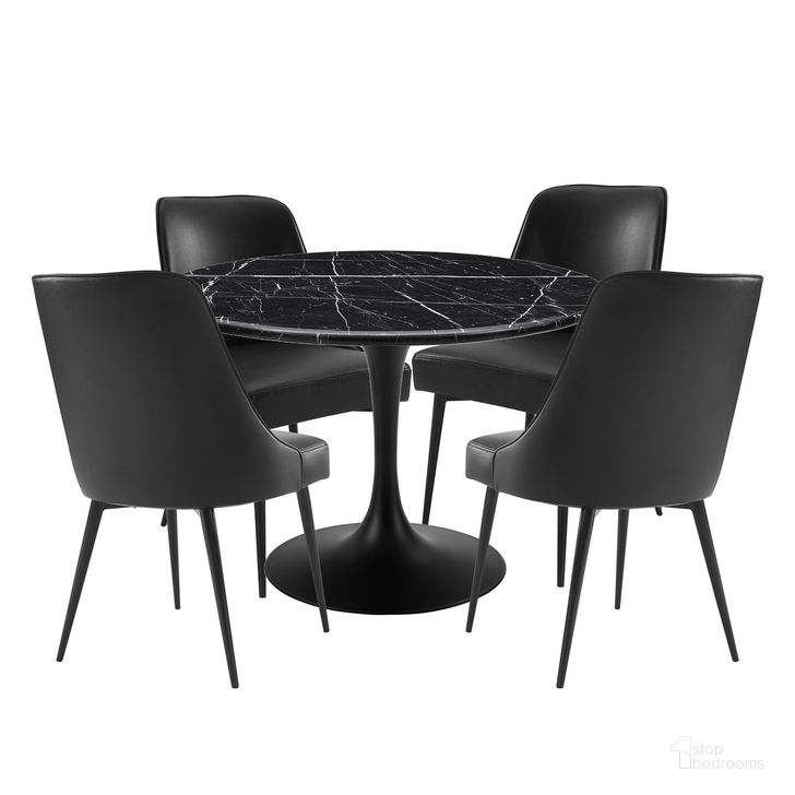 The appearance of Colfax Black Marquina Marble 5Pc Dining Set In Black Vinyl Chairs designed by Steve Silver in the modern / contemporary interior design. This black piece of furniture  was selected by 1StopBedrooms from Colfax Collection to add a touch of cosiness and style into your home. Sku: CF450KDB;CF450KMT;CF500SB;CF500SB. Product Type: Dining Room Set. Material: MDF. Image1