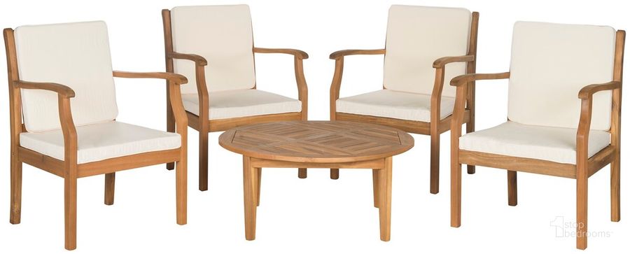 The appearance of Colfax Teak Brown 5-Piece Coffee Set designed by Safavieh in the modern / contemporary interior design. This beige piece of furniture  was selected by 1StopBedrooms from Colfax Collection to add a touch of cosiness and style into your home. Sku: PAT6719A. Material: Steel. Product Type: Outdoor Conversation Set. Image1