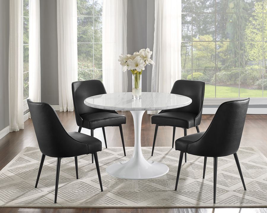 The appearance of Colfax White Marquina Marble 5Pc Dining Set In Black Vinyl Chairs designed by Steve Silver in the modern / contemporary interior design. This white piece of furniture  was selected by 1StopBedrooms from Colfax Collection to add a touch of cosiness and style into your home. Sku: CF450WDB;CF450WMT;CF500SB;CF500SB. Product Type: Dining Room Set. Material: MDF. Image1