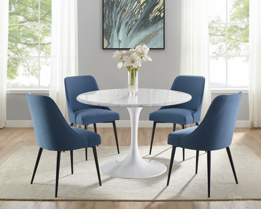 The appearance of Colfax White Marquina Marble 5Pc Dining Set In Blue Chairs designed by Steve Silver in the modern / contemporary interior design. This white piece of furniture  was selected by 1StopBedrooms from Colfax Collection to add a touch of cosiness and style into your home. Sku: CF450WDB;CF450WMT;CF450SN;CF450SN;CF450SN;CF450SN. Product Type: Dining Room Set. Material: MDF. Image1