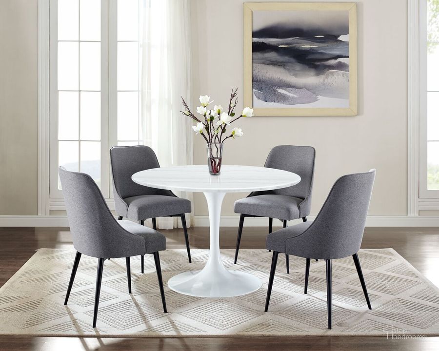 The appearance of Colfax White Marquina Marble 5Pc Dining Set In Charcoal Chairs designed by Steve Silver in the modern / contemporary interior design. This white piece of furniture  was selected by 1StopBedrooms from Colfax Collection to add a touch of cosiness and style into your home. Sku: CF450WDB;CF450WMT;CF450SC;CF450SC;CF450SC;CF450SC. Product Type: Dining Room Set. Material: MDF. Image1