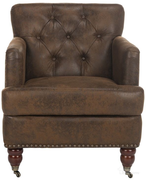 The appearance of Colin Brown and Cherry Mahogany Tufted Club Chair with Brass Nailhead Detail HUD8212B designed by Safavieh in the transitional interior design. This brown piece of furniture  was selected by 1StopBedrooms from Colin Collection to add a touch of cosiness and style into your home. Sku: HUD8212B. Product Type: Accent Chair. Material: Stainless Steel. Image1