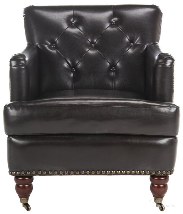 The appearance of Colin Brown and Cherry Mahogany Tufted Club Chair with Brass Nailhead Detail HUD8212C designed by Safavieh in the traditional interior design. This chocolate brown piece of furniture  was selected by 1StopBedrooms from Colin Collection to add a touch of cosiness and style into your home. Sku: HUD8212C. Product Type: Accent Chair. Material: Stainless Steel. Image1