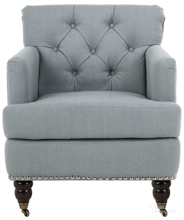 The appearance of Colin Sky Blue and Dark Brown Tufted Club Chair with Brass Nailhead Detail designed by Safavieh in the traditional interior design. This sky blue piece of furniture  was selected by 1StopBedrooms from Colin Collection to add a touch of cosiness and style into your home. Sku: HUD8212K. Product Type: Accent Chair. Material: Stainless Steel. Image1