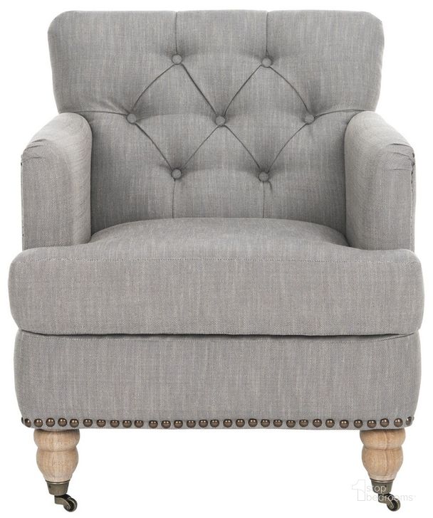 The appearance of Colin Stone, Grey and White Wash Tufted Club Chair with Brass Nailhead Detail designed by Safavieh in the traditional interior design. This grey stone piece of furniture  was selected by 1StopBedrooms from Colin Collection to add a touch of cosiness and style into your home. Sku: HUD8212E. Product Type: Accent Chair. Material: Stainless Steel. Image1