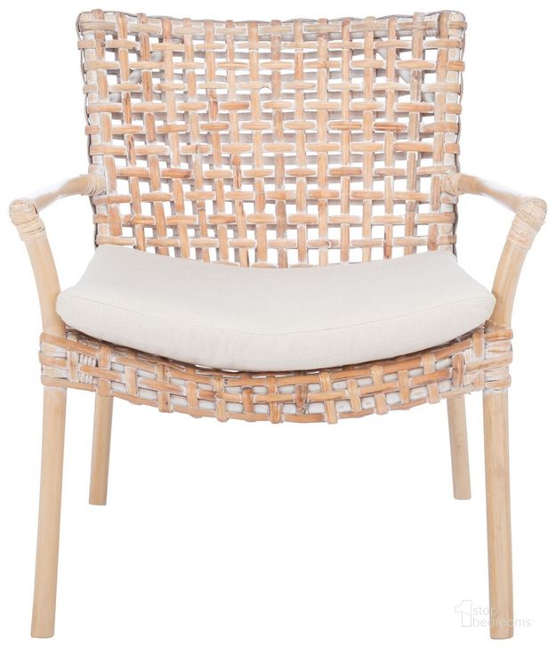 The appearance of Collette Rattan Accent Chair with Cushion in White Wash designed by Safavieh in the modern / contemporary interior design. This white wash piece of furniture  was selected by 1StopBedrooms from Collette Collection to add a touch of cosiness and style into your home. Sku: ACH6515B. Product Type: Accent Chair. Material: Rattan. Image1