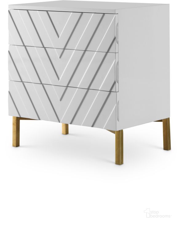 The appearance of Collette Side Table In White designed by Meridian in the modern / contemporary interior design. This white piece of furniture  was selected by 1StopBedrooms from Collette Collection to add a touch of cosiness and style into your home. Sku: 827. Product Type: Side Table. Material: Stainless Steel. Image1