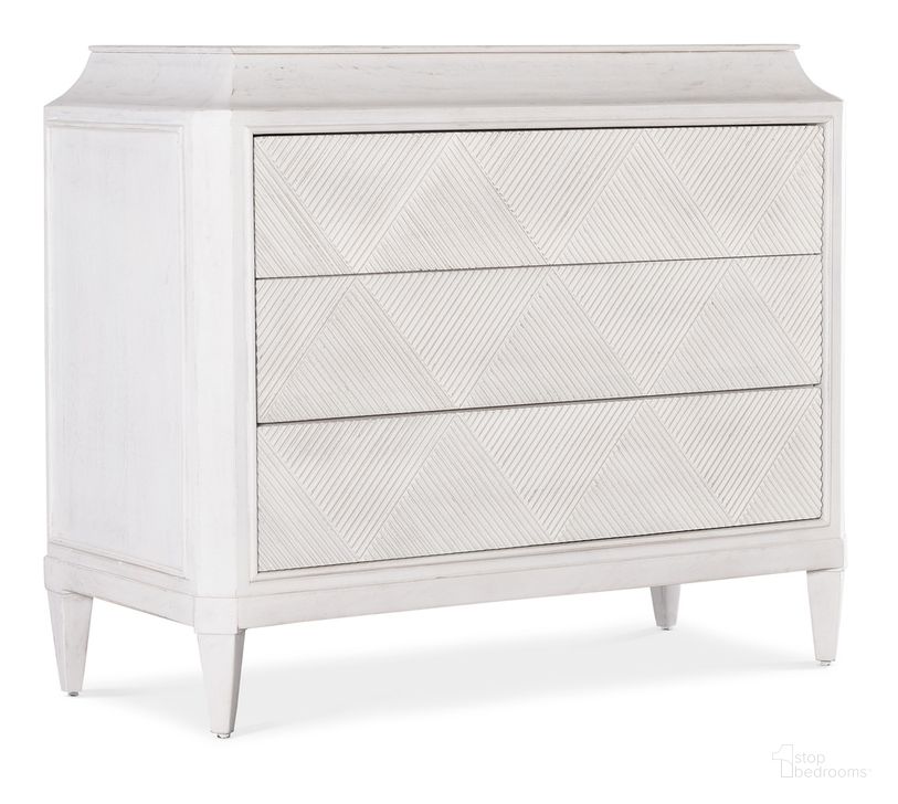 The appearance of Commerce and Market Argyle Three-Drawer Chest In White designed by Hooker in the transitional interior design. This white piece of furniture  was selected by 1StopBedrooms from Commerce and Market Collection to add a touch of cosiness and style into your home. Sku: 7228-85082-02. Material: Wood. Product Type: Chest. Image1
