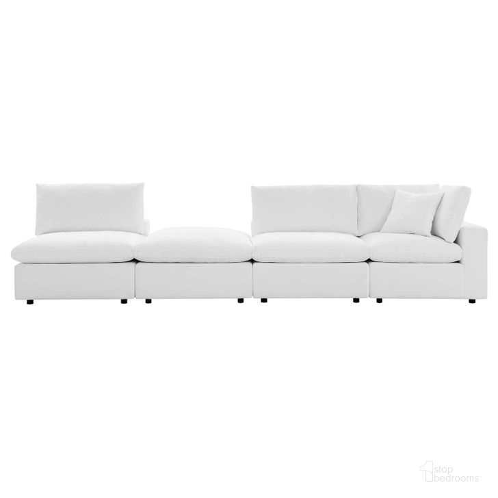The appearance of Commix 4-Piece Sunbrella Outdoor Patio Sectional Sofa EEI-5582-WHI designed by Modway in the modern / contemporary interior design. This white piece of furniture  was selected by 1StopBedrooms from Commix Collection to add a touch of cosiness and style into your home. Sku: EEI-5582-WHI. Product Type: Outdoor Sectional. Material: Foam. Image1