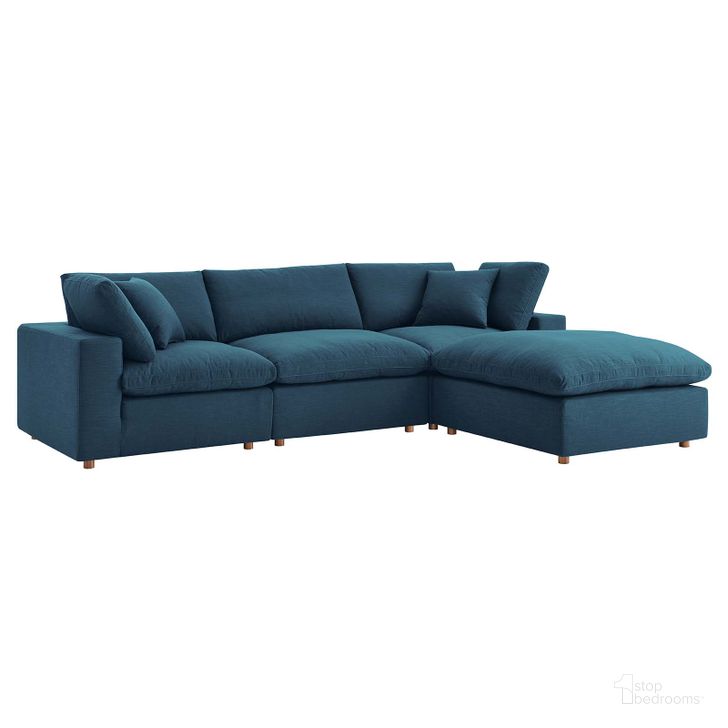 The appearance of Commix Azure Down Filled Overstuffed 4 Piece Sectional Sofa Set EEI-3356-AZU designed by Modway in the modern / contemporary interior design. This azure piece of furniture  was selected by 1StopBedrooms from Commix Collection to add a touch of cosiness and style into your home. Sku: EEI-3356-AZU. Material: Wood. Product Type: Sectional. Layout: Sofa & Chaise. Image1