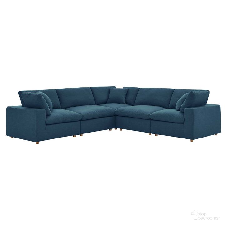 The appearance of Commix Azure Down Filled Overstuffed 5 Piece Sectional Sofa Set EEI-3359-AZU designed by Modway in the modern / contemporary interior design. This azure piece of furniture  was selected by 1StopBedrooms from Commix Collection to add a touch of cosiness and style into your home. Sku: EEI-3359-AZU. Material: Wood. Product Type: Sectional. Layout: L-Shape. Image1