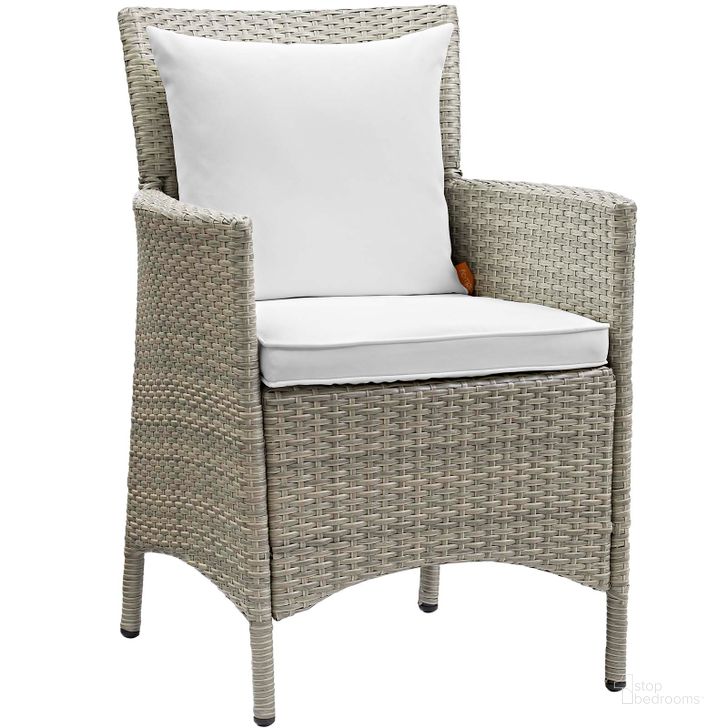 The appearance of Conduit Light Gray White Outdoor Patio Wicker Rattan Dining Arm Chair designed by Modway in the modern / contemporary interior design. This light gray white piece of furniture  was selected by 1StopBedrooms from Conduit Collection to add a touch of cosiness and style into your home. Sku: EEI-2802-LGR-WHI. Material: Aluminium. Product Type: Outdoor Dining Chair. Image1
