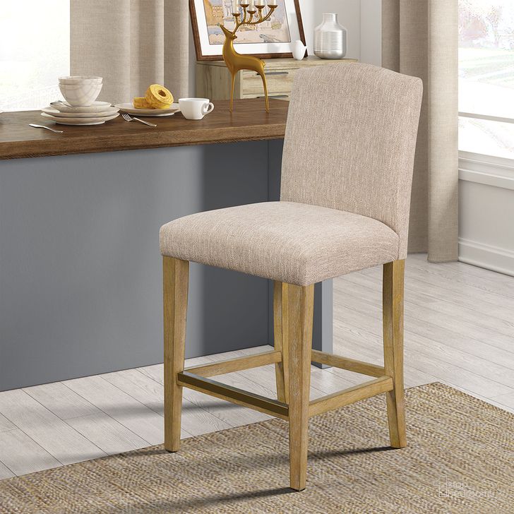 The appearance of Connor 25 Inch Upholstered Counter Stool In Tan designed by Olliix in the transitional interior design. This tan piece of furniture  was selected by 1StopBedrooms from Connor Collection to add a touch of cosiness and style into your home. Sku: MT104-1184. Material: Wood. Product Type: Barstool. Image1