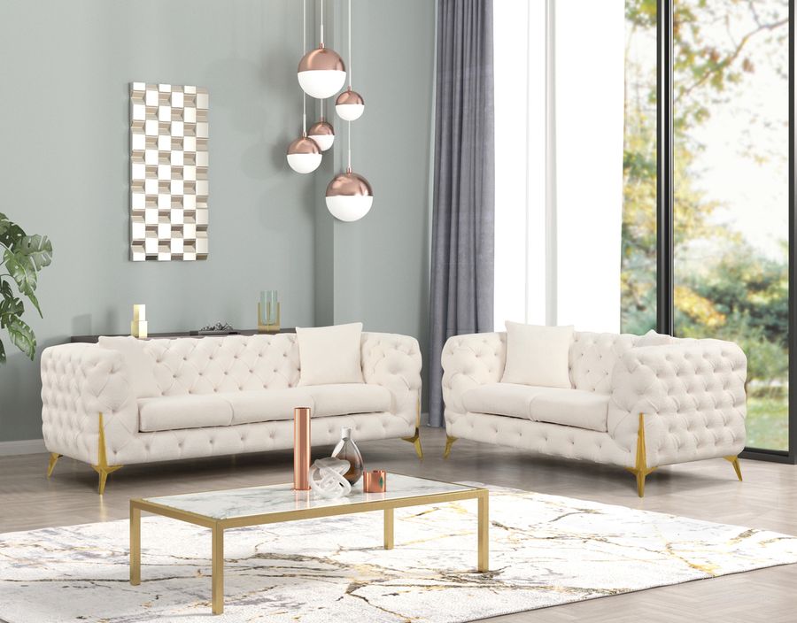 The appearance of Contempo Buckle Fabric and Gold Accent Legs 2 Piece Upholstery Living Room Set In Beige designed by Galaxy Home Furnishings in the modern / contemporary interior design. This beige piece of furniture  was selected by 1StopBedrooms from Contempo Collection to add a touch of cosiness and style into your home. Sku: 601955549837. Material: Wood. Product Type: Living Room Set. Image1