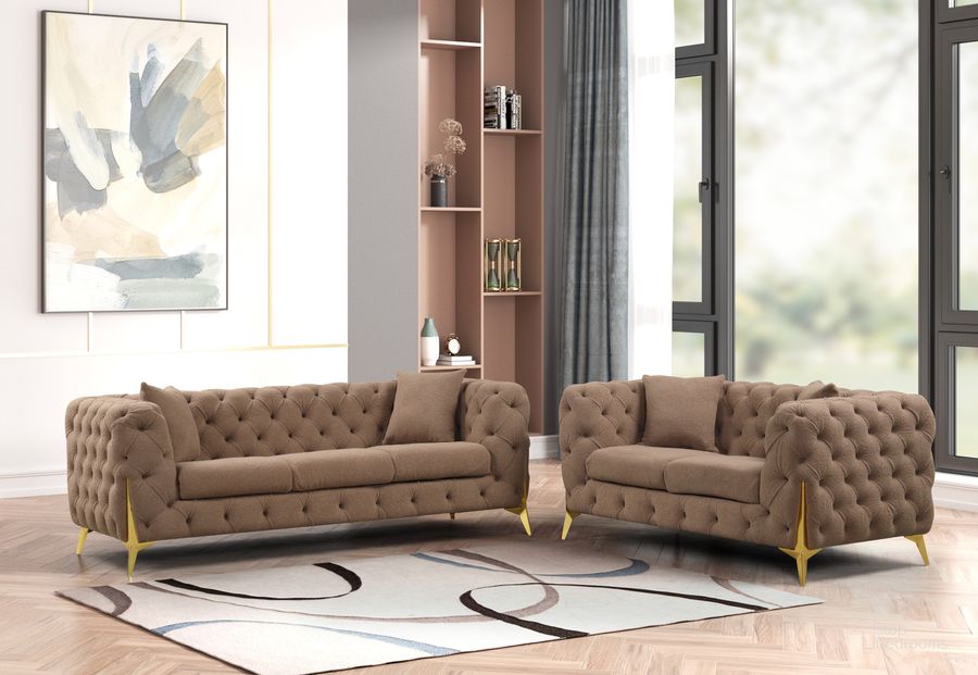 The appearance of Contempo Buckle Fabric and Gold Accent Legs 2 Piece Upholstery Living Room Set In Brown designed by Galaxy Home Furnishings in the modern / contemporary interior design. This brown piece of furniture  was selected by 1StopBedrooms from Contempo Collection to add a touch of cosiness and style into your home. Sku: 601955549882. Material: Wood. Product Type: Living Room Set. Image1