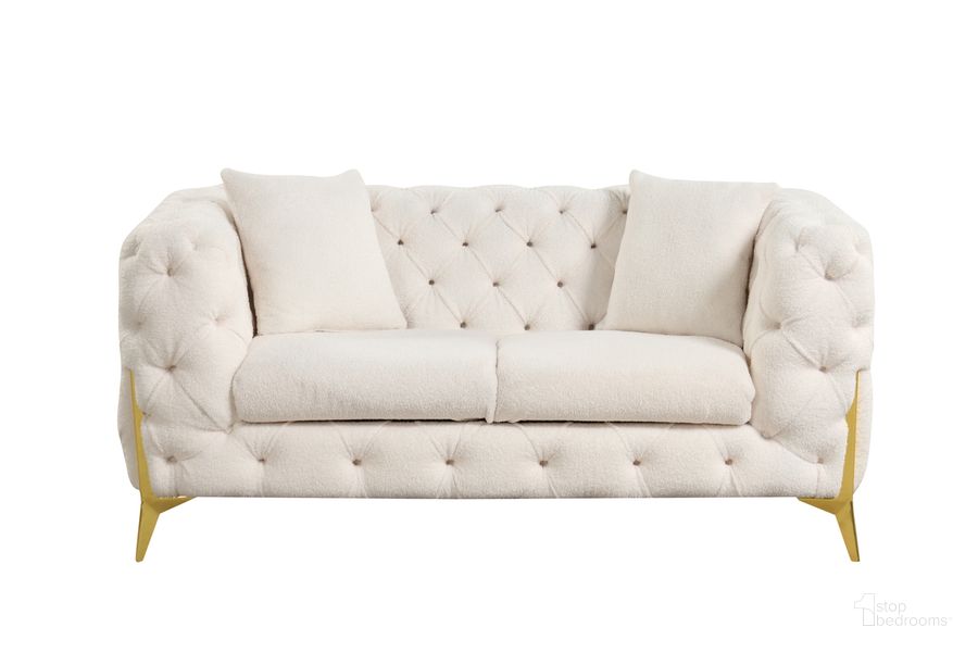 The appearance of Contempo Buckle Fabric And Golden Accent Legs Upholstery Loveseat In Beige designed by Galaxy Home Furnishings in the modern / contemporary interior design. This beige piece of furniture  was selected by 1StopBedrooms from Contempo Collection to add a touch of cosiness and style into your home. Sku: 601955549813. Material: Wood. Product Type: Loveseat. Image1