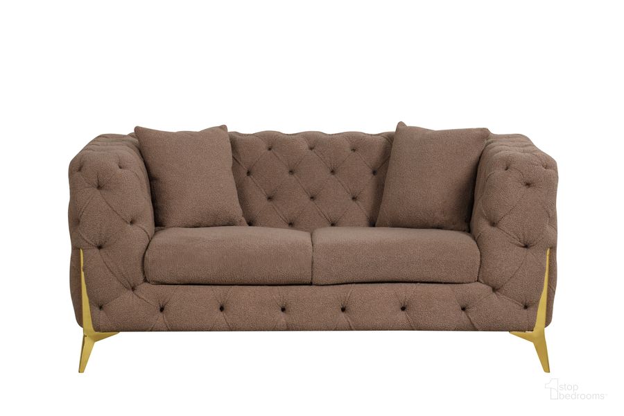 The appearance of Contempo Buckle Fabric And Golden Accent Legs Upholstery Loveseat In Brown designed by Galaxy Home Furnishings in the modern / contemporary interior design. This brown piece of furniture  was selected by 1StopBedrooms from Contempo Collection to add a touch of cosiness and style into your home. Sku: 601955549868. Material: Wood. Product Type: Loveseat. Image1
