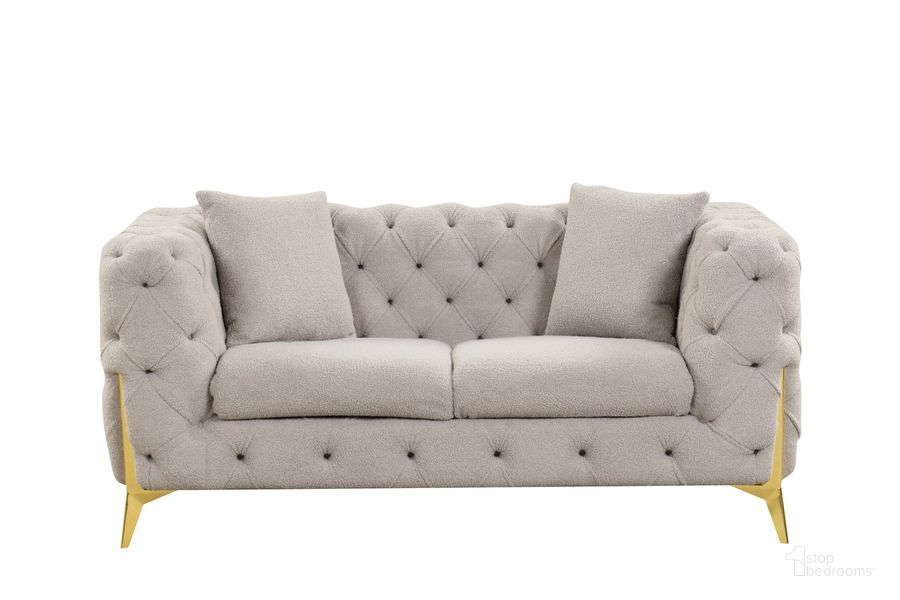 The appearance of Contempo Buckle Fabric And Golden Accent Legs Upholstery Loveseat In Light Gray designed by Galaxy Home Furnishings in the modern / contemporary interior design. This light gray piece of furniture  was selected by 1StopBedrooms from Contempo Collection to add a touch of cosiness and style into your home. Sku: 601955549912. Material: Wood. Product Type: Loveseat. Image1