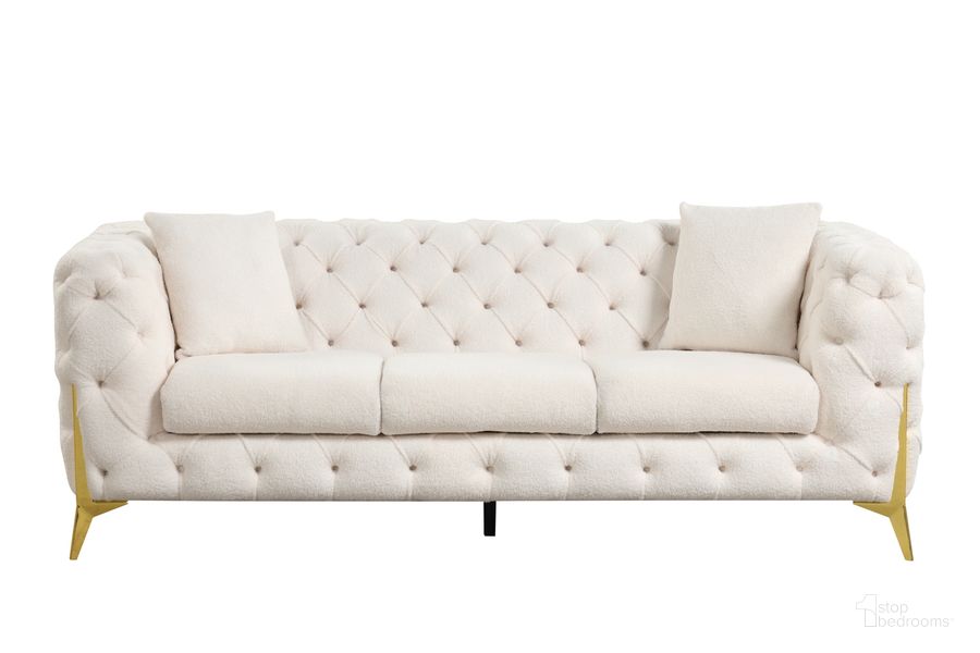 The appearance of Contempo Buckle Fabric And Golden Accent Legs Upholstery Sofa In Beige designed by Galaxy Home Furnishings in the modern / contemporary interior design. This beige piece of furniture  was selected by 1StopBedrooms from Contempo Collection to add a touch of cosiness and style into your home. Sku: 601955549806. Material: Wood. Product Type: Sofa. Image1