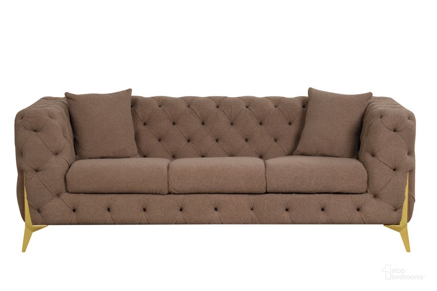 The appearance of Contempo Buckle Fabric And Golden Accent Legs Upholstery Sofa In Brown designed by Galaxy Home Furnishings in the modern / contemporary interior design. This brown piece of furniture  was selected by 1StopBedrooms from Contempo Collection to add a touch of cosiness and style into your home. Sku: 601955549851. Material: Wood. Product Type: Sofa. Image1