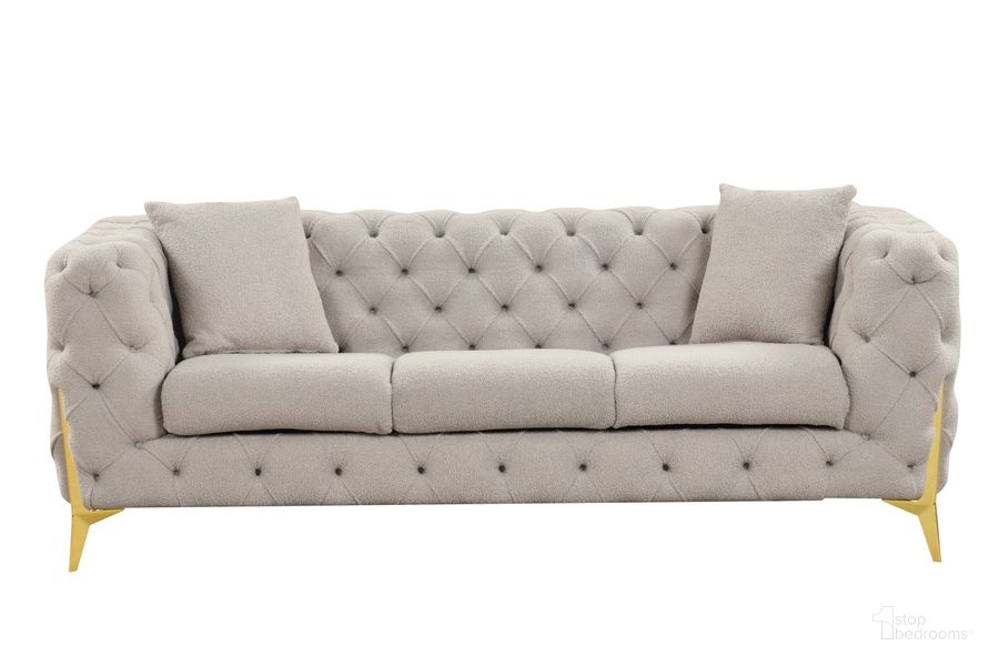 The appearance of Contempo Buckle Fabric And Golden Accent Legs Upholstery Sofa In Light Gray designed by Galaxy Home Furnishings in the modern / contemporary interior design. This light gray piece of furniture  was selected by 1StopBedrooms from Contempo Collection to add a touch of cosiness and style into your home. Sku: 601955549905. Material: Wood. Product Type: Sofa. Image1