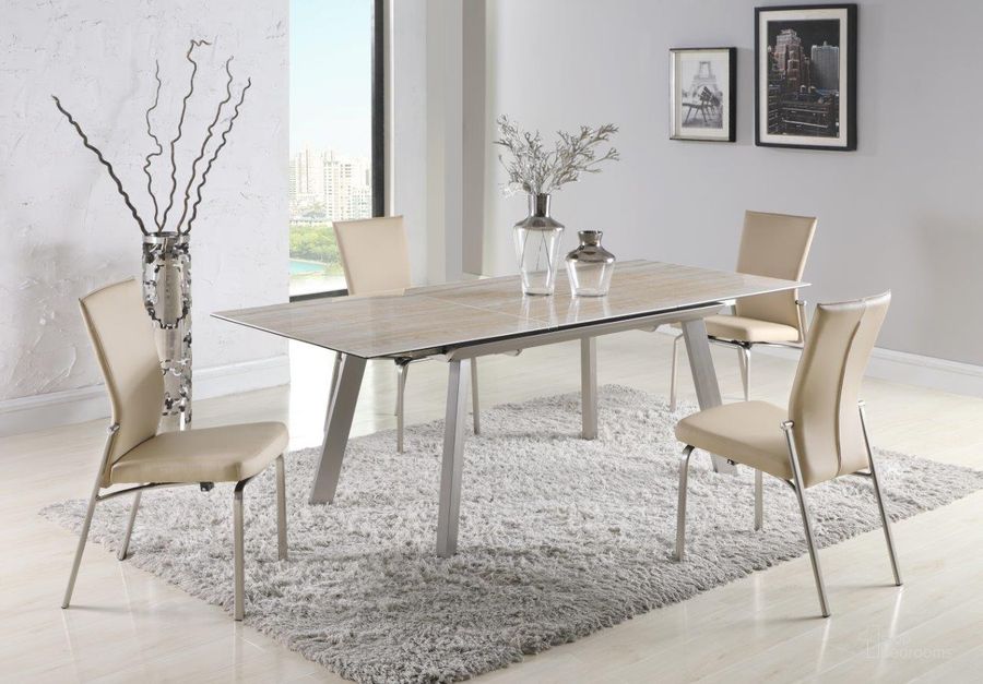 The appearance of Eleanor Dining Set With Extendable Ceramic Top Table And Motion-Back Chairs In Beige designed by Chintaly Imports in the modern / contemporary interior design. This beige piece of furniture  was selected by 1StopBedrooms from Eleanor Collection to add a touch of cosiness and style into your home. Sku: ELEANOR-DT;MOLLY-SC-BGE. Product Type: Dining Room Set. Image1