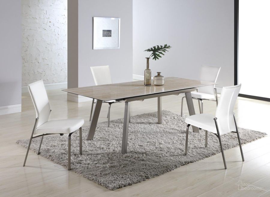 The appearance of Eleanor Dining Set With Extendable Ceramic Top Table And Motion-Back Chairs In White designed by Chintaly Imports in the modern / contemporary interior design. This white piece of furniture  was selected by 1StopBedrooms from Eleanor Collection to add a touch of cosiness and style into your home. Sku: ELEANOR-DT;MOLLY-SC-WHT-BSH. Product Type: Dining Room Set. Image1