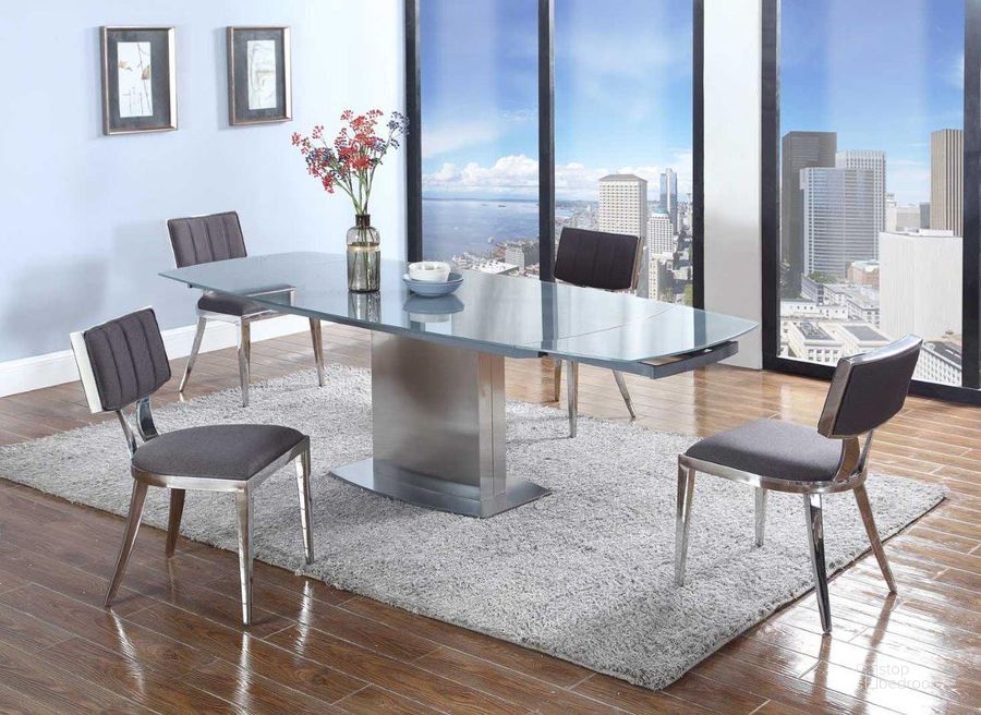 The appearance of Mavis Dining Set With Extendable Gray Glass Table And Upholstered Chairs designed by Chintaly Imports in the modern / contemporary interior design. This  piece of furniture  was selected by 1StopBedrooms from Mavis Collection to add a touch of cosiness and style into your home. Sku: MAVIS-DT-T;MAVIS-DT-M;MAVIS-DT-B;MAVIS-SC-GRY-BSH. Product Type: Dining Room Set. Image1