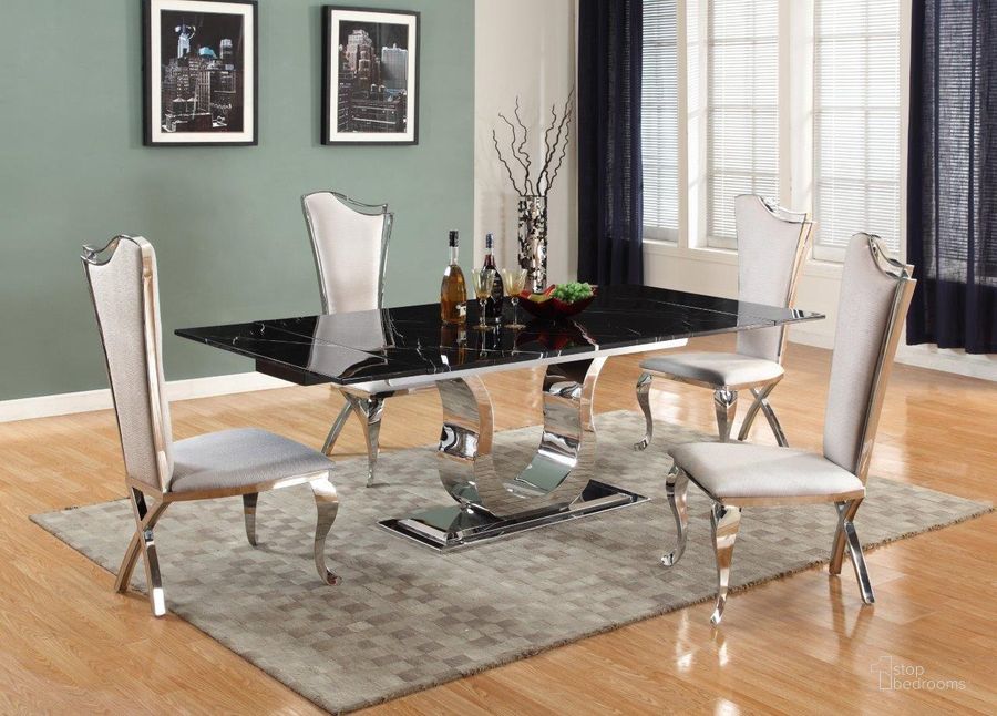 The appearance of Nadia Dining Set With Extendable Marble Top Table And 4 Chairs designed by Chintaly Imports in the modern / contemporary interior design. This  piece of furniture  was selected by 1StopBedrooms from Nadia Collection to add a touch of cosiness and style into your home. Sku: NADIA-DT-T;NADIA-DT-EXT;NADIA-DT-B;NADIA-SC-WHT. Product Type: Dining Room Set.