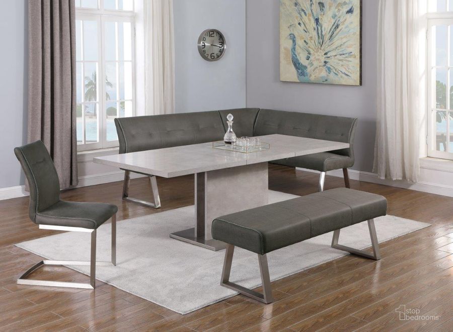 The appearance of Kalinda Dining Set With Extendable Table And 4 Upholstered Chairs designed by Chintaly Imports in the modern / contemporary interior design. This  piece of furniture  was selected by 1StopBedrooms from Kalinda Collection to add a touch of cosiness and style into your home. Sku: KALINDA-DT-T;KALINDA-DT-B;KALINDA-DT-M;KALINDA-SC-GRY. Product Type: Dining Room Set. Image1
