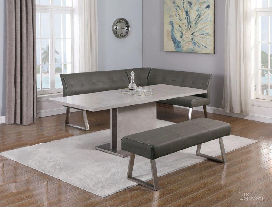The appearance of Kalinda Dining Set With Extendable Table, Nook And Bench designed by Chintaly Imports in the modern / contemporary interior design. This  piece of furniture  was selected by 1StopBedrooms from Kalinda Collection to add a touch of cosiness and style into your home. Sku: KALINDA-DT-T;KALINDA-DT-B;KALINDA-DT-M;KALINDA-NOOK;KALINDA-BCH-GRY. Product Type: Dining Room Set. Image1