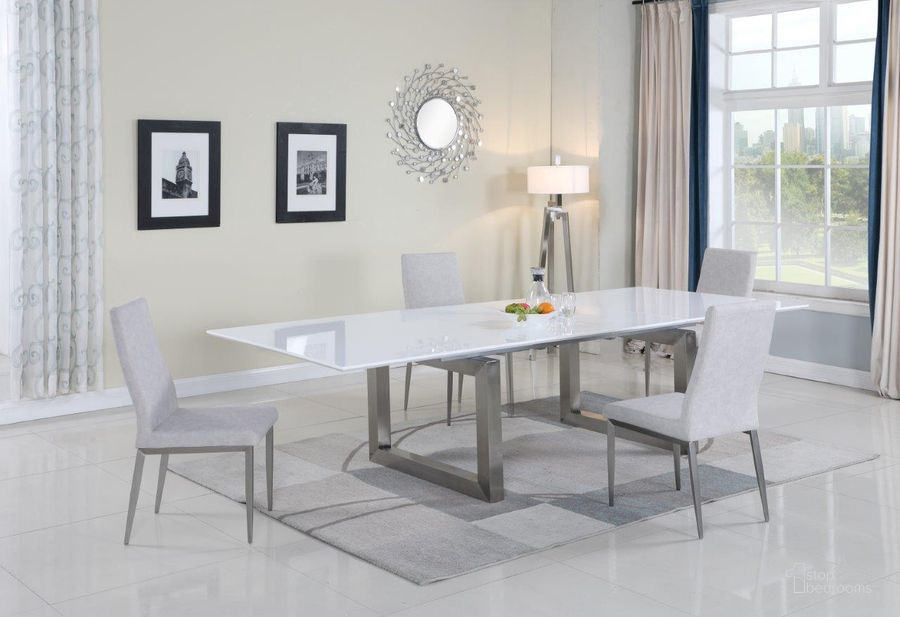 The appearance of Ebony Dining Set With White Extendable Table And 4 Gray Chairs designed by Chintaly Imports in the modern / contemporary interior design. This  piece of furniture  was selected by 1StopBedrooms from Ebony Collection to add a touch of cosiness and style into your home. Sku: EBONY-DT-T;EBONY-DT-B;EBONY-DT-EXT;DESIREE-SC-GRY. Product Type: Dining Room Set. Image1