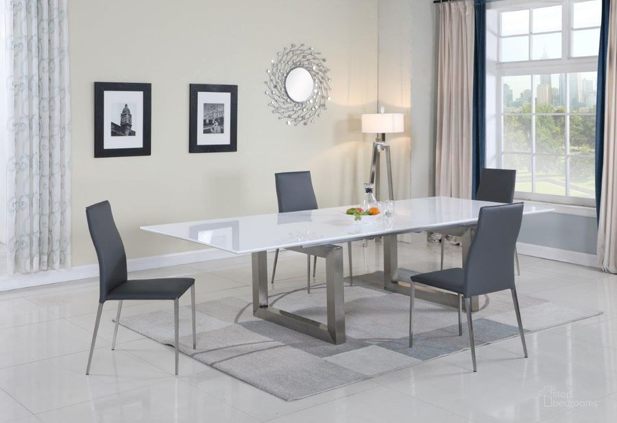The appearance of Ebony Dining Set With White Extendable Table And 4 Upholstered Chairs designed by Chintaly Imports in the modern / contemporary interior design. This  piece of furniture  was selected by 1StopBedrooms from Ebony Collection to add a touch of cosiness and style into your home. Sku: EBONY-DT-T;EBONY-DT-B;EBONY-DT-EXT;ELSA-SC-GRY. Product Type: Dining Room Set. Image1