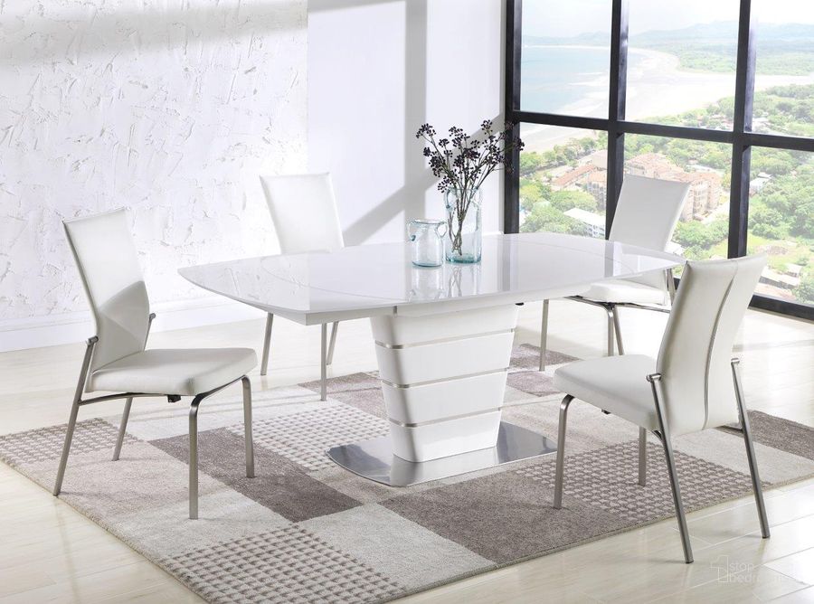 The appearance of Charlotte Dining Set With White Glass Table And 4 Motion-Back Chairs designed by Chintaly Imports in the modern / contemporary interior design. This  piece of furniture  was selected by 1StopBedrooms from Charlotte Collection to add a touch of cosiness and style into your home. Sku: CHARLOTTE-DT-T;CHARLOTTE-DT-M;CHARLOTTE-DT-B;MOLLY-SC-WHT-BSH. Product Type: Dining Room Set. Image1