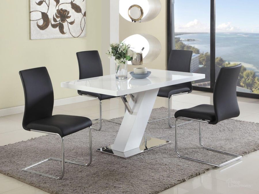 The appearance of Linden Dining Set With White Gloss Table And Black Upholstered Chairs designed by Chintaly Imports in the modern / contemporary interior design. This  piece of furniture  was selected by 1StopBedrooms from Linden Collection to add a touch of cosiness and style into your home. Sku: JANE-SC-BLK;LINDEN-DT-B;LINDEN-DT-T;LINDEN-DT-M. Product Type: Dining Room Set.