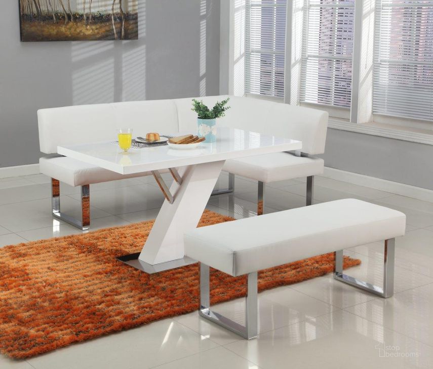 The appearance of Linden Dining Set With White Gloss Table, Upholstered Bench And Nook In Gloss White designed by Chintaly Imports in the modern / contemporary interior design. This gloss white piece of furniture  was selected by 1StopBedrooms from Linden Collection to add a touch of cosiness and style into your home. Sku: LINDEN-DT-B;LINDEN-NOOK;LINDEN-BCH-WHT;LINDEN-DT-T;LINDEN-DT-M. Product Type: Dining Room Set.