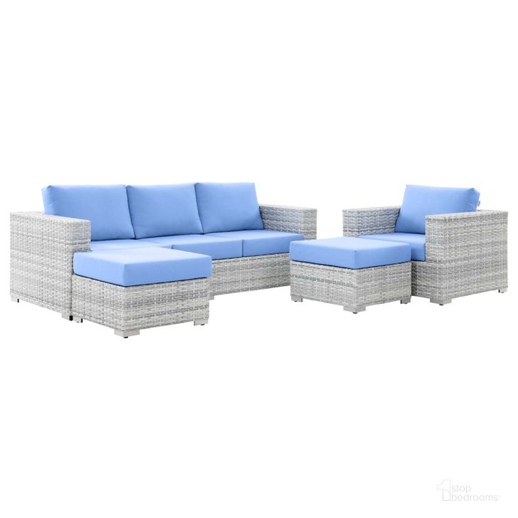 The appearance of Convene 4-Piece Outdoor Patio Set EEI-5451-LGR-LBU designed by Modway in the modern / contemporary interior design. This light blue piece of furniture  was selected by 1StopBedrooms from Convene Collection to add a touch of cosiness and style into your home. Sku: EEI-5451-LGR-LBU. Product Type: Outdoor Conversation Set. Material: Stainless Steel. Image1