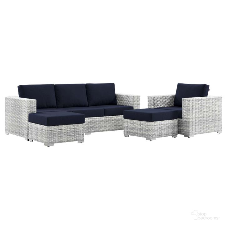 The appearance of Convene 4-Piece Outdoor Patio Set EEI-5451-LGR-NAV designed by Modway in the modern / contemporary interior design. This light gray navy piece of furniture  was selected by 1StopBedrooms from Convene Collection to add a touch of cosiness and style into your home. Sku: EEI-5451-LGR-NAV. Product Type: Outdoor Conversation Set. Material: Stainless Steel. Image1