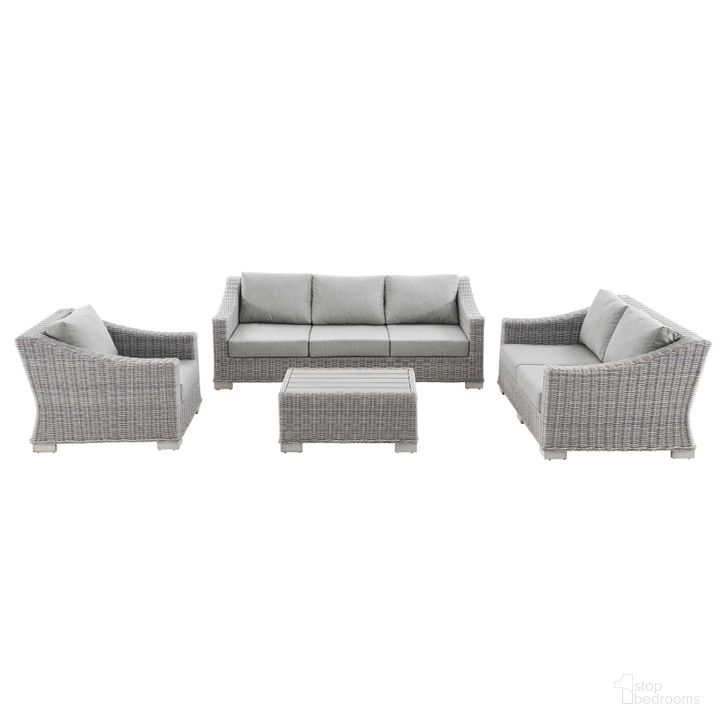 The appearance of Conway 4-Piece Outdoor Patio Wicker Rattan Furniture Set EEI-5091-GRY designed by Modway in the modern / contemporary interior design. This light gray gray piece of furniture  was selected by 1StopBedrooms from Conway Collection to add a touch of cosiness and style into your home. Sku: EEI-5091-GRY. Material: Aluminium. Product Type: Outdoor Conversation Set. Image1