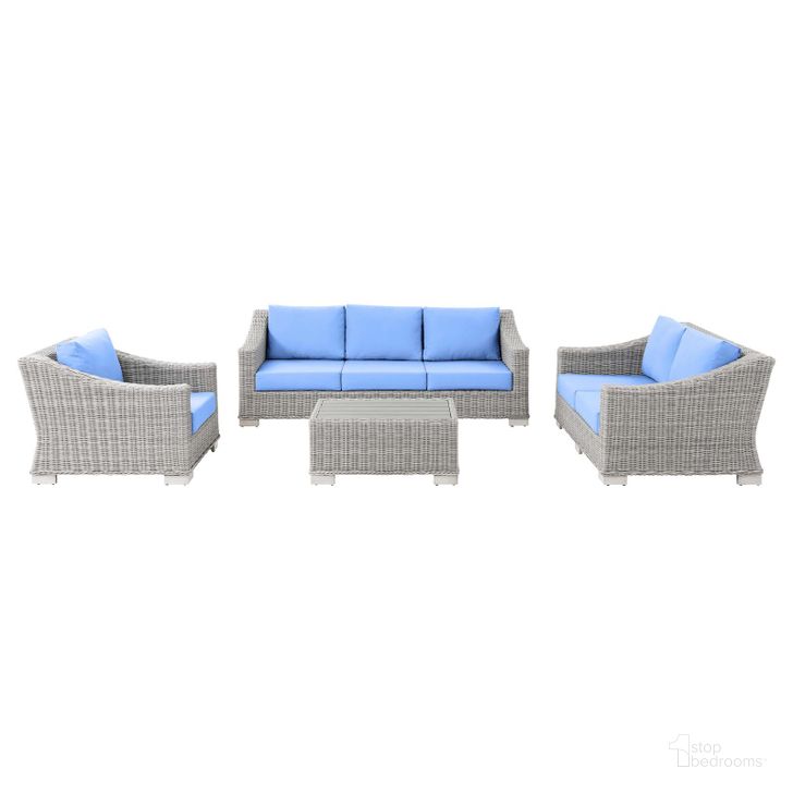 The appearance of Conway 4-Piece Outdoor Patio Wicker Rattan Furniture Set EEI-5091-LBU designed by Modway in the modern / contemporary interior design. This gray and blue piece of furniture  was selected by 1StopBedrooms from Conway Collection to add a touch of cosiness and style into your home. Sku: EEI-5091-LBU. Material: Aluminium. Product Type: Outdoor Conversation Set. Image1