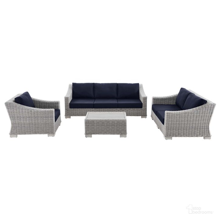 The appearance of Conway 4-Piece Outdoor Patio Wicker Rattan Furniture Set EEI-5091-NAV designed by Modway in the modern / contemporary interior design. This light gray navy piece of furniture  was selected by 1StopBedrooms from Conway Collection to add a touch of cosiness and style into your home. Sku: EEI-5091-NAV. Material: Aluminium. Product Type: Outdoor Conversation Set. Image1