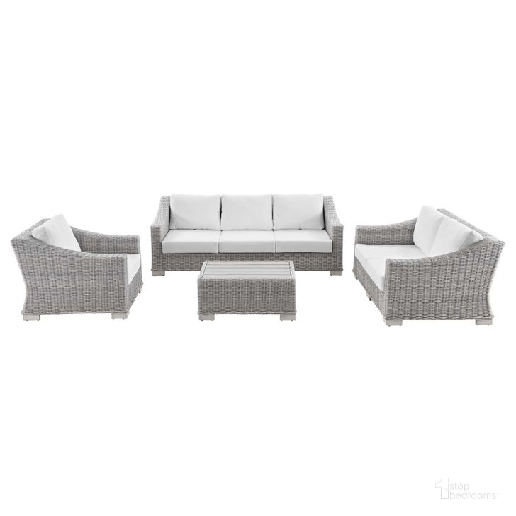 The appearance of Conway 4-Piece Outdoor Patio Wicker Rattan Furniture Set EEI-5091-WHI designed by Modway in the modern / contemporary interior design. This light gray white piece of furniture  was selected by 1StopBedrooms from Conway Collection to add a touch of cosiness and style into your home. Sku: EEI-5091-WHI. Material: Aluminium. Product Type: Outdoor Conversation Set. Image1