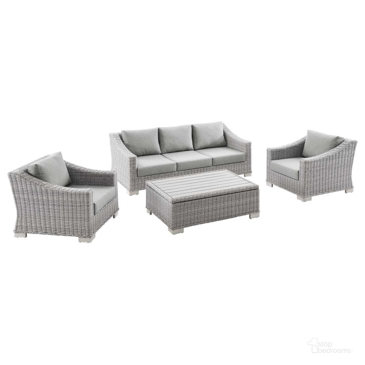 The appearance of Conway 4-Piece Outdoor Patio Wicker Rattan Furniture Set EEI-5095-GRY designed by Modway in the modern / contemporary interior design. This light gray gray piece of furniture  was selected by 1StopBedrooms from Conway Collection to add a touch of cosiness and style into your home. Sku: EEI-5095-GRY. Material: Aluminium. Product Type: Outdoor Conversation Set. Image1