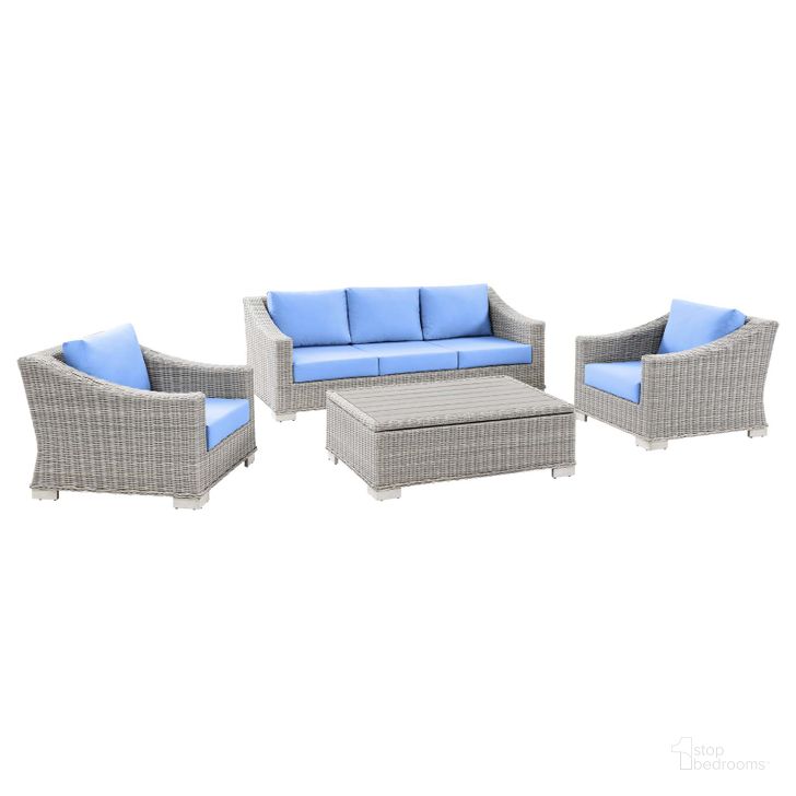 The appearance of Conway 4-Piece Outdoor Patio Wicker Rattan Furniture Set EEI-5095-LBU designed by Modway in the modern / contemporary interior design. This gray and blue piece of furniture  was selected by 1StopBedrooms from Conway Collection to add a touch of cosiness and style into your home. Sku: EEI-5095-LBU. Material: Aluminium. Product Type: Outdoor Conversation Set. Image1