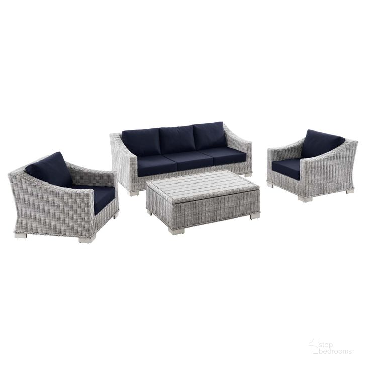 The appearance of Conway 4-Piece Outdoor Patio Wicker Rattan Furniture Set EEI-5095-NAV designed by Modway in the modern / contemporary interior design. This light gray navy piece of furniture  was selected by 1StopBedrooms from Conway Collection to add a touch of cosiness and style into your home. Sku: EEI-5095-NAV. Material: Aluminium. Product Type: Outdoor Conversation Set. Image1
