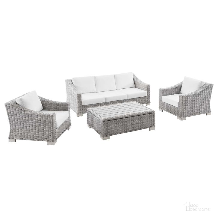 The appearance of Conway 4-Piece Outdoor Patio Wicker Rattan Furniture Set EEI-5095-WHI designed by Modway in the modern / contemporary interior design. This light gray white piece of furniture  was selected by 1StopBedrooms from Conway Collection to add a touch of cosiness and style into your home. Sku: EEI-5095-WHI. Material: Aluminium. Product Type: Outdoor Conversation Set. Image1